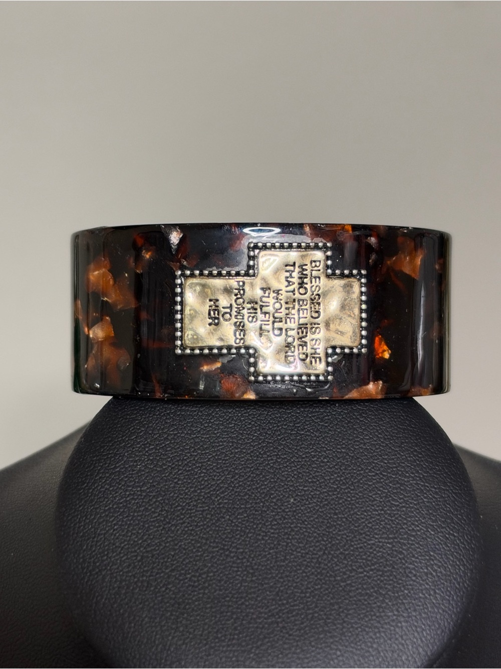 Tortoise Shell Cross Accent Resin Bangle Affirmation Cuff Bracelet - Brown